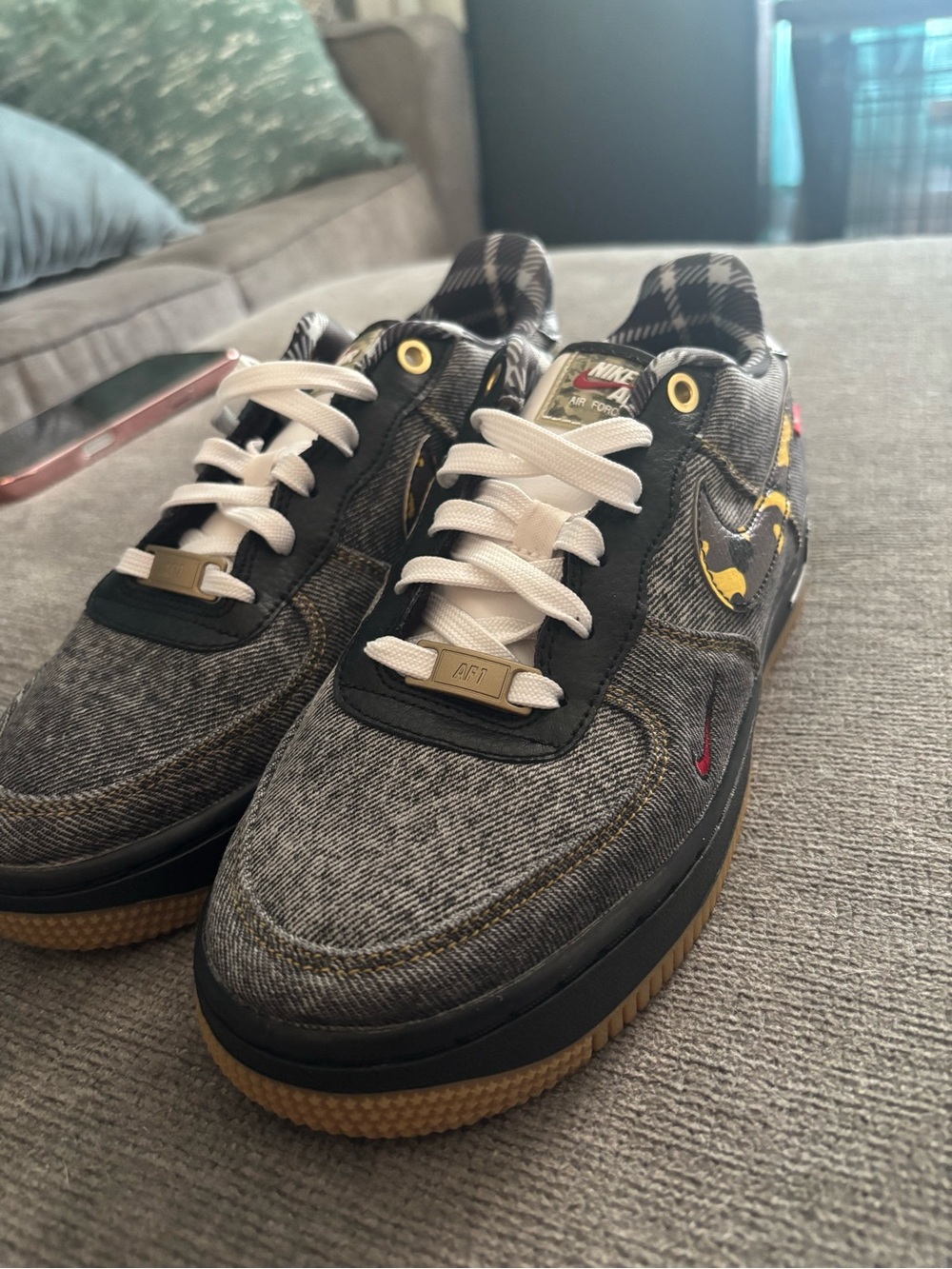 Nike Air Force 1 Low Gray Denim with Black and Yellow Camo Swoosh